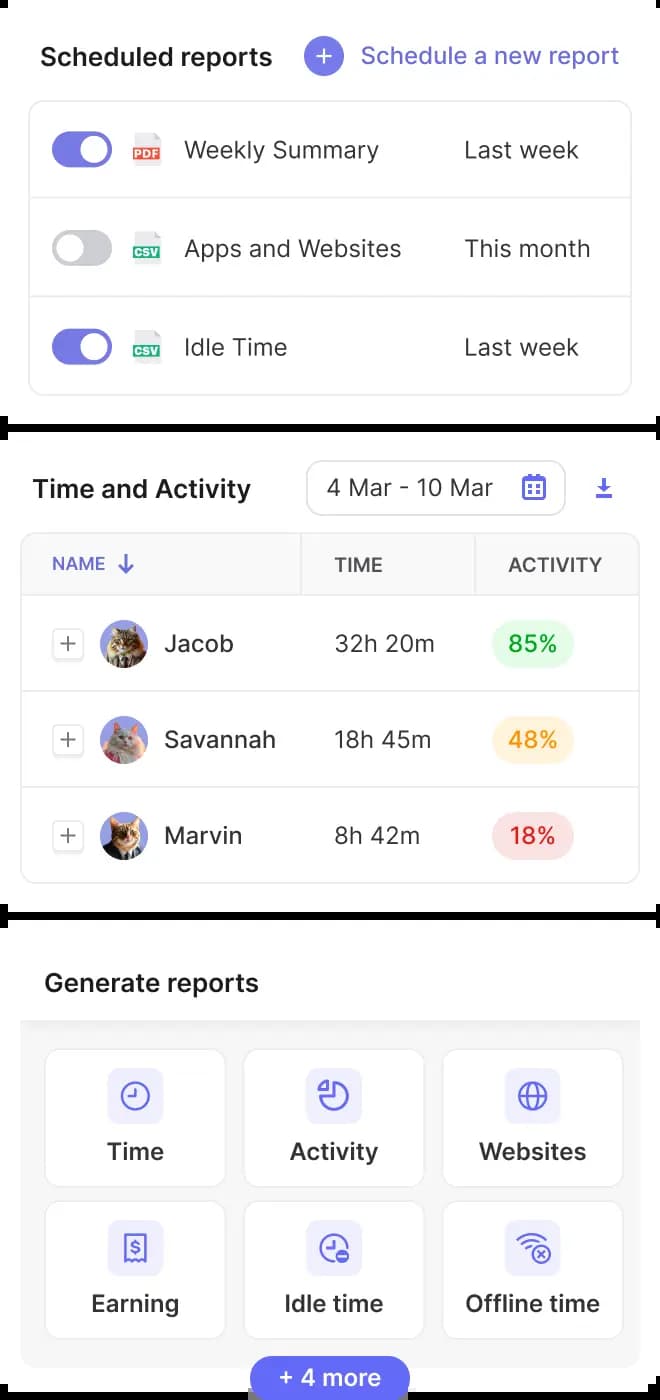 Generate detailed reports and track time by project or team member. Perfect for accurate billing and managing unlimited projects with ease.