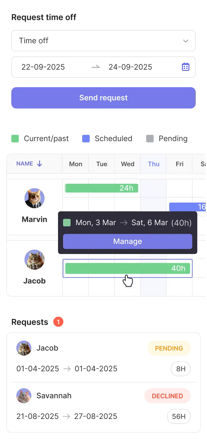 Simplify leave tracking with a complete solution that logs PTO and time off accurately. Track work and manage team availability in one place.