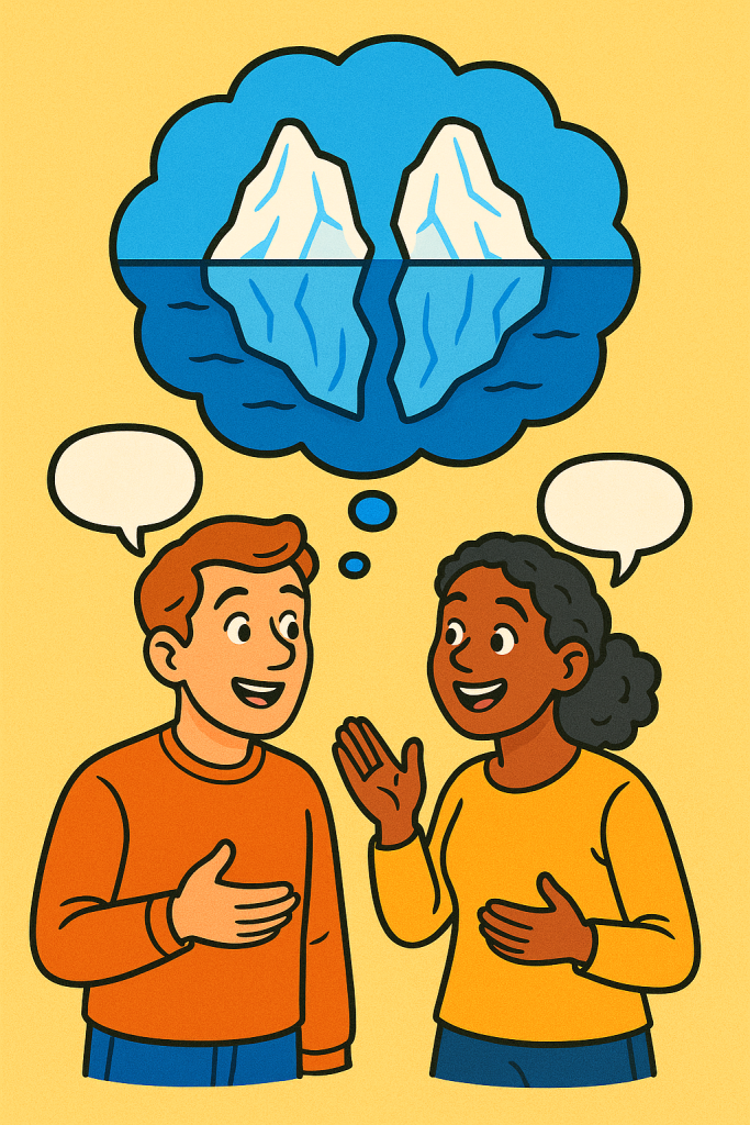 Two friends chat in a remote setting, imagining a split iceberg while swapping stories about their dream job, favorite midnight snack, and strangest habit.