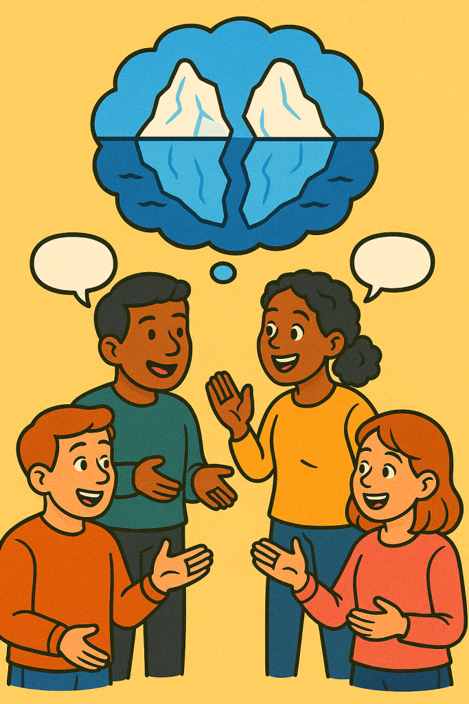 Four friends chat in pairs about topics like the funniest or smartest person, weirdest food, favorite holiday, and what they'd do if aliens landed on Earth tomorrow.