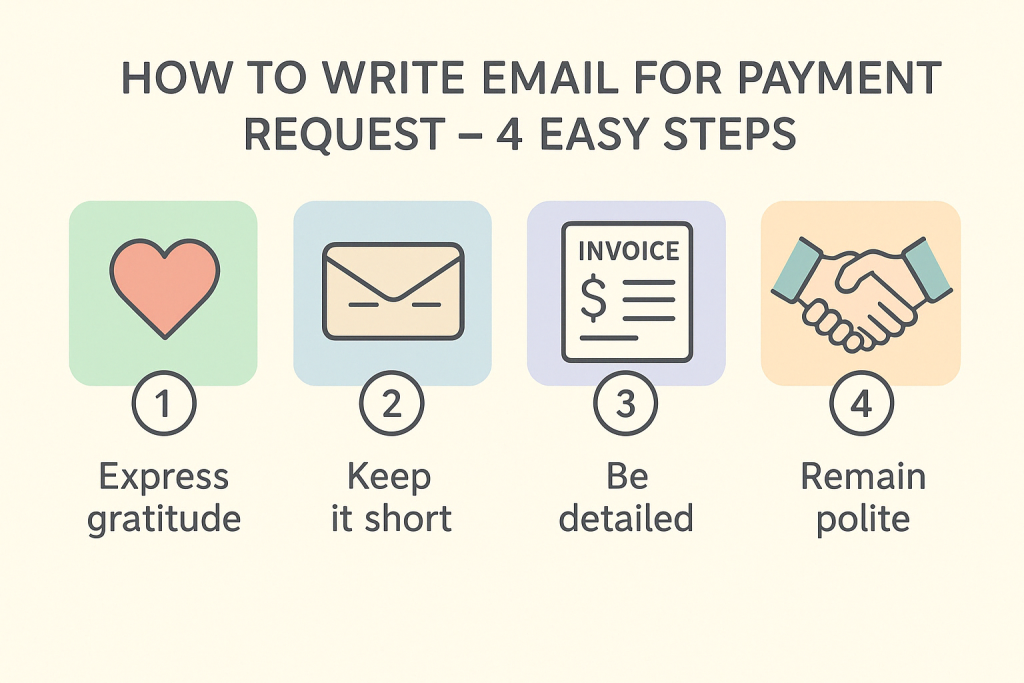 Infographic with heart, envelope, invoice and handshake icons—outlining 4 steps for a payment reminder letter: gratitude, brevity, detail and politeness.