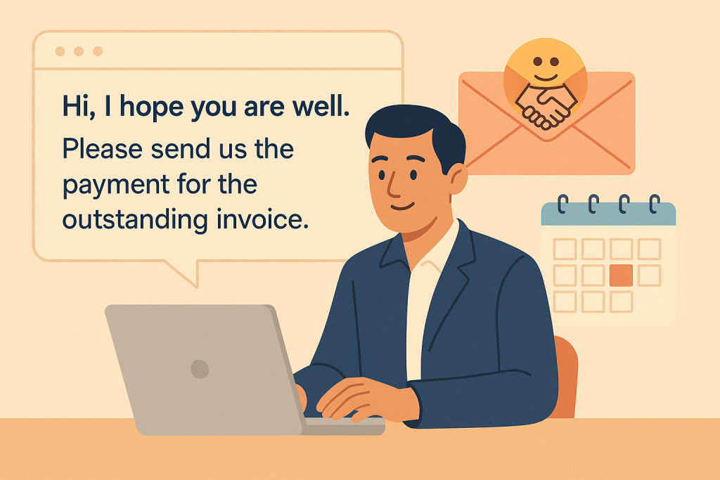 Flat-style illustration of a professional typing a payment reminder email on a laptop with due-date calendar—illustrating how to ask for payment politely.