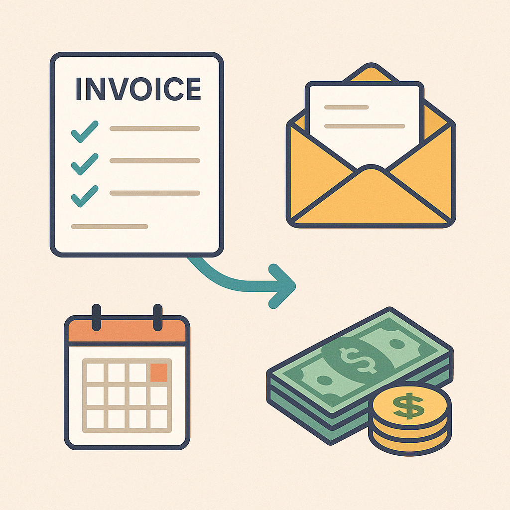 Flat-style illustration of an invoice document, envelope, calendar and cash—representing the original invoice, payment due date and receipt of payment.