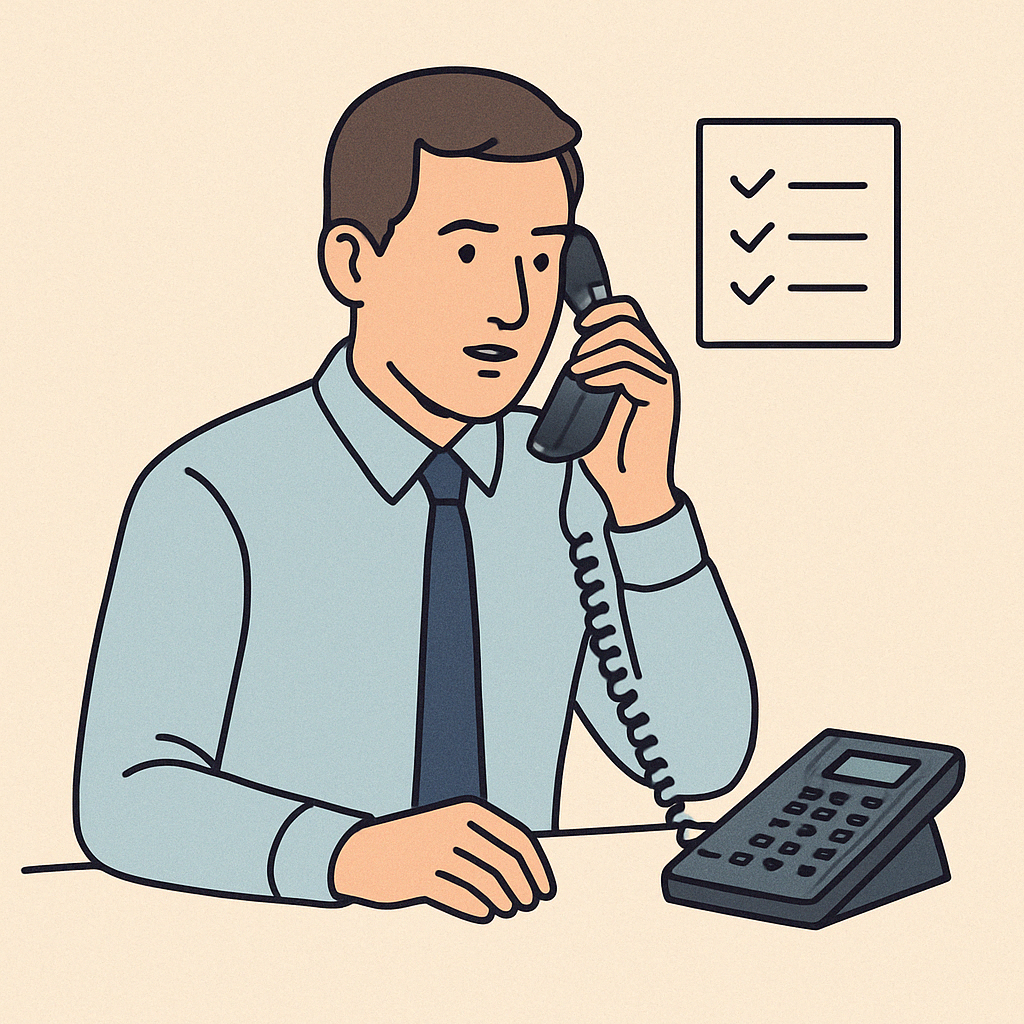 Flat illustration of a professional making a polite phone call with a checklist icon—emphasizing payment politely, payment status confirmation and payment date mention.