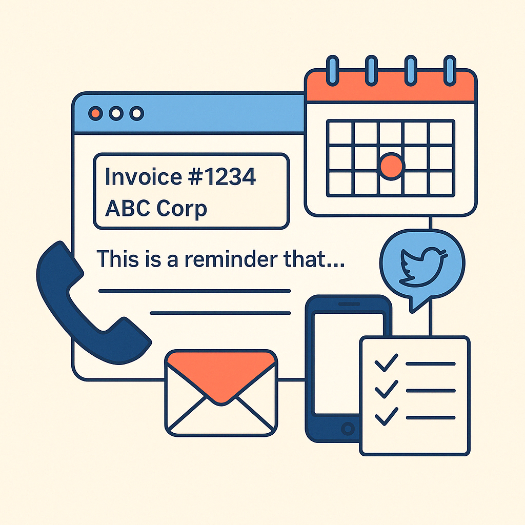 Flat illustration of an email titled “Invoice #1234” and a marked calendar—symbolizing a payment reminder email with invoice number and payment due date.