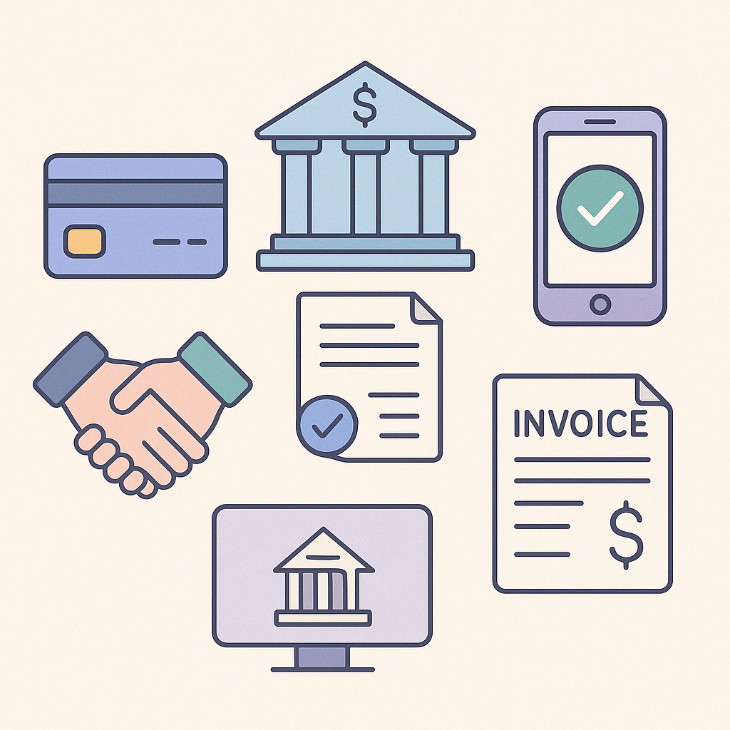 Flat illustration of a credit card, bank building, handshake and invoice icons—depicting payment options, invoice number tracking and clear payment status.