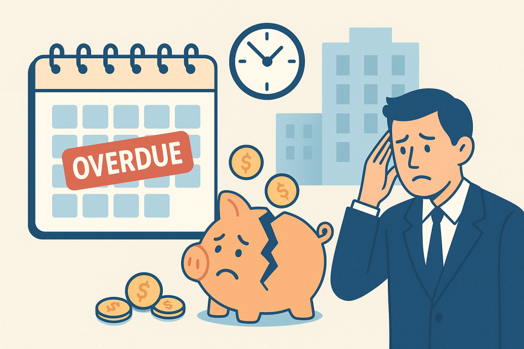 Flat design of a calendar stamped OVERDUE, broken piggy bank and thoughtful person—symbolizing unpaid invoices, overdue invoice and overdue payment.