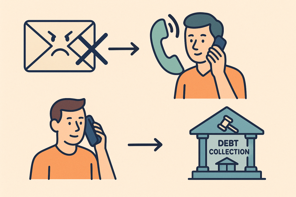 Flat illustration with a crossed-out envelope, phone call icon and debt collection—representing unpaid invoices, overdue payment and potential late payment fees.