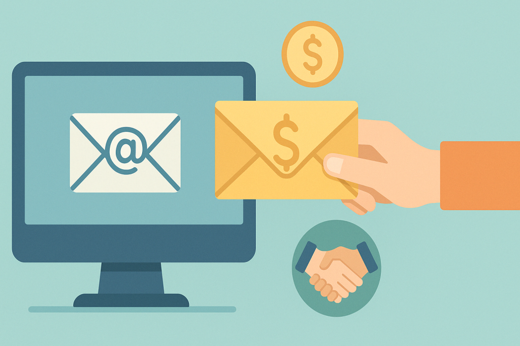 Flat illustration of a computer screen with an email icon and a dollar envelope—depicting a payment reminder email requesting outstanding payment politely.