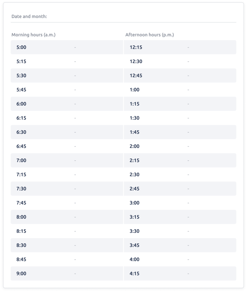 daily schedule template 15 minute intervals