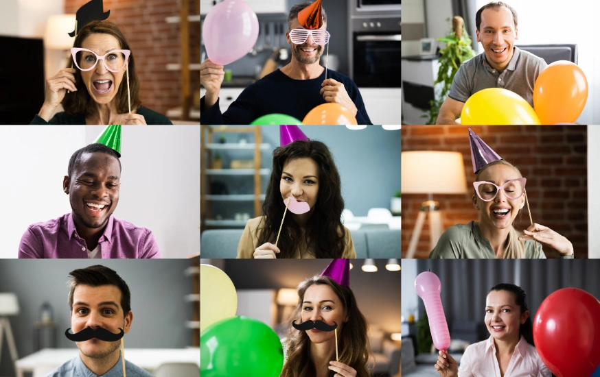 An image of virtual partygoers in a costume party environment, with well-wishes for a happy retirement.
