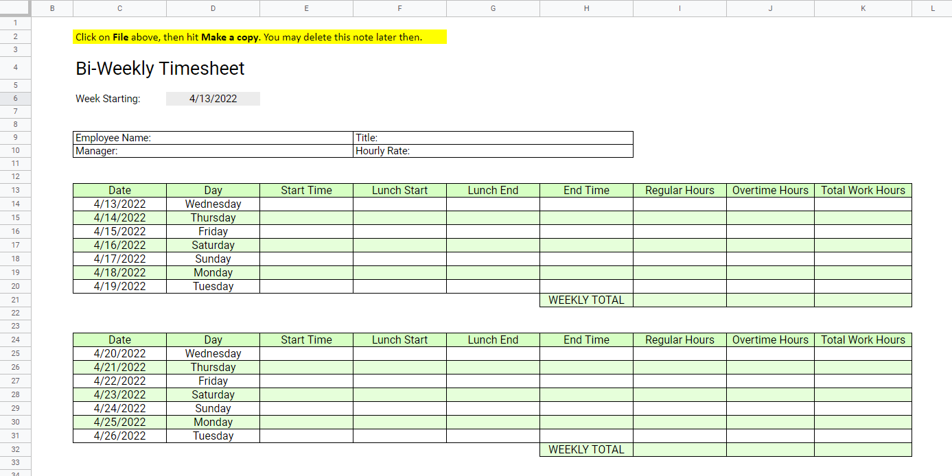 biweekly time tracking spreadsheet template