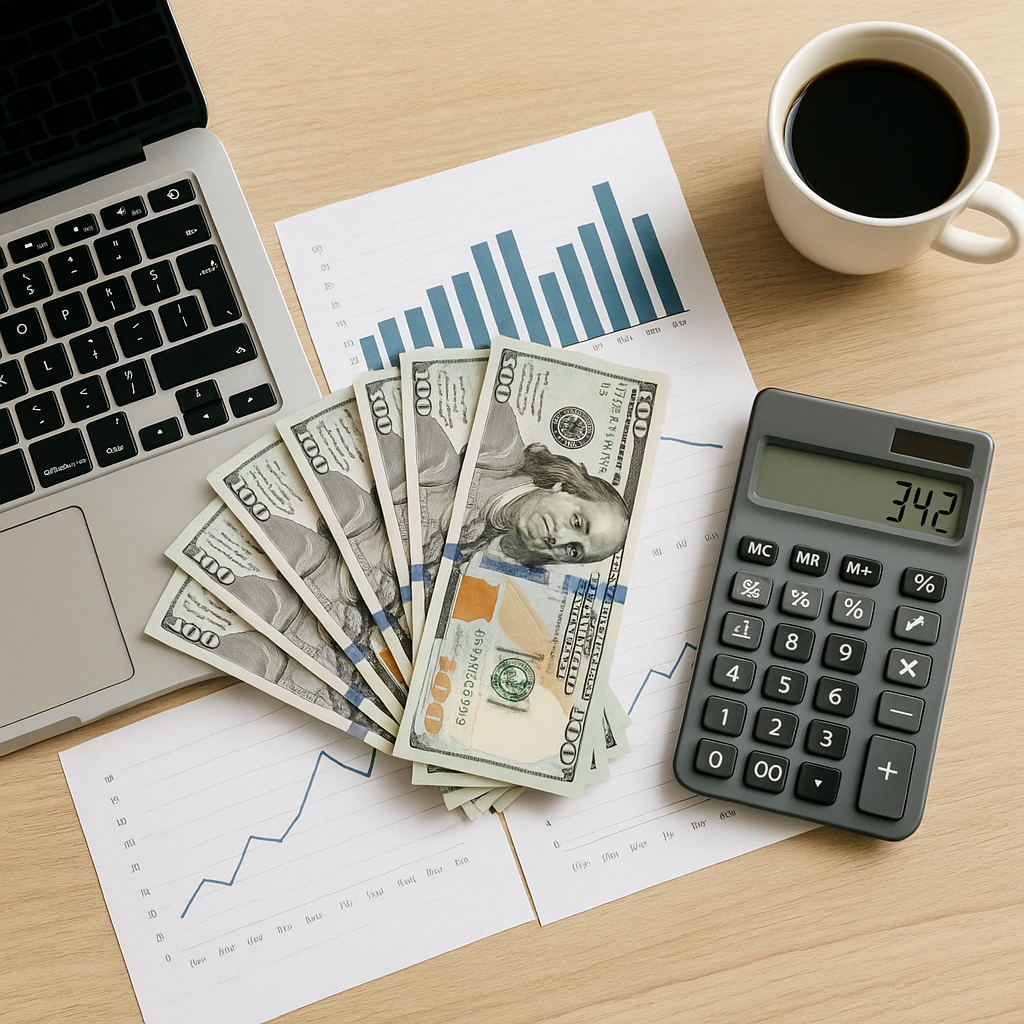 Overhead shot of a laptop, calculator, printed charts, and coffee cup on a wood desk—symbolizing cost optimization important in cloud investments and cloud usage; implement strategies like auto scaling, reserved instances, and spot instances to manage idle resources, unused software licenses, and storage capacity, maximize savings on your cloud bill, improve system performance, and foster a cost conscious culture.
