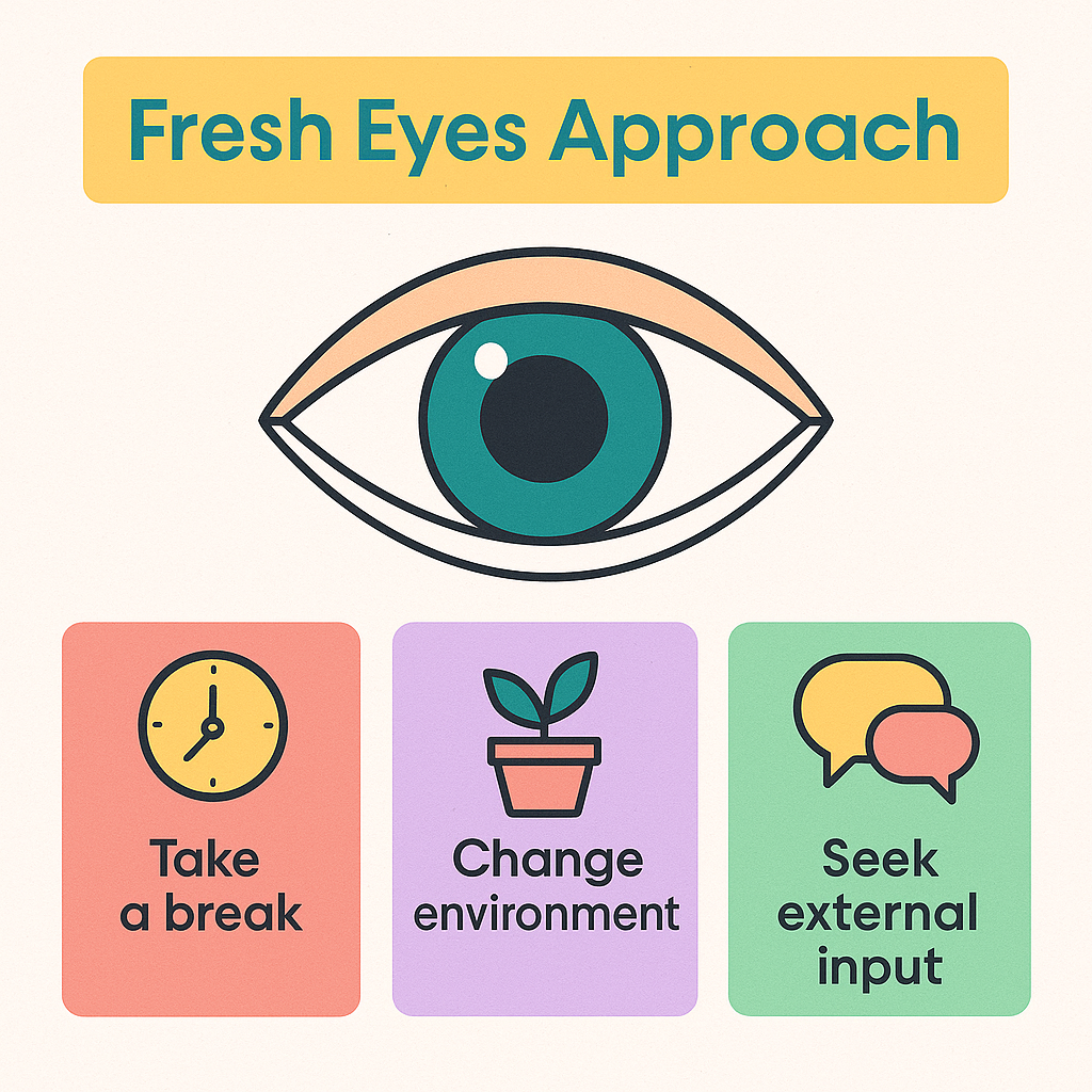 Infographic of the Fresh Eyes approach highlighting how taking a break and changing perspective improves attention to detail, time management, and big picture thinking.