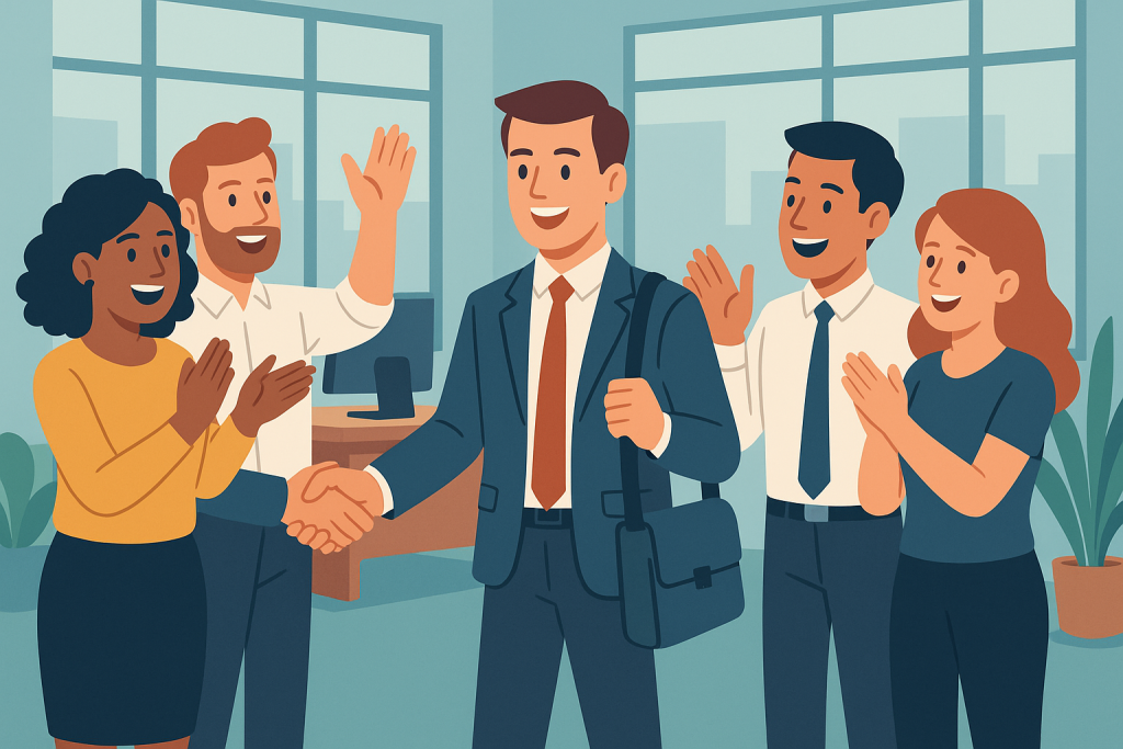 Vector illustration of an office team greeting a new employee with open arms and a big welcome, offering encouragement and looking forward to working closely on innovative ideas.