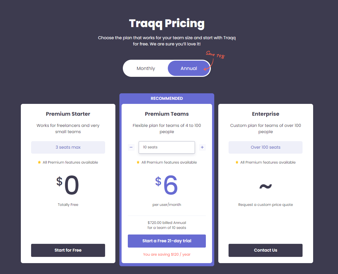 Traqq time tracking app pricing