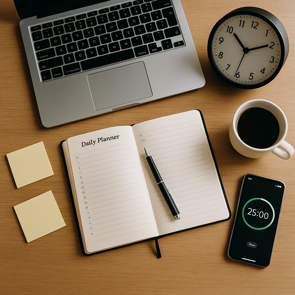 Close‑up of an analog clock on a desk with a laptop and notebook, illustrating schedule planning, time tracking, right tools, and daily tasks.
