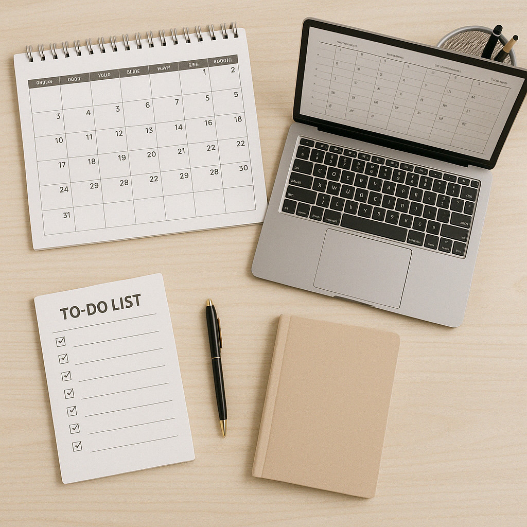 Laptop displays a daily summary dashboard with hours worked and activity trends, beside a printed progress report, calendar, and coffee, enabling data‑driven tracking.