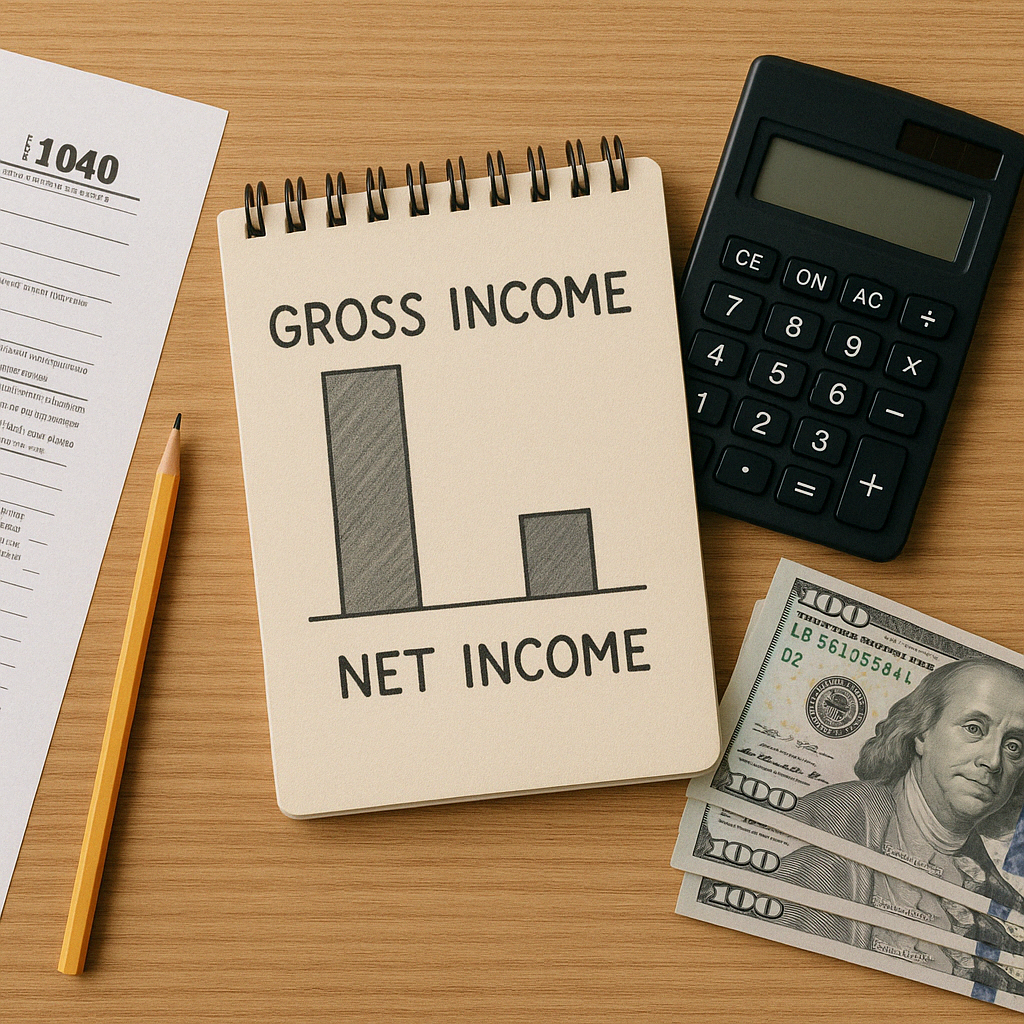 Notebook shows net vs gross profit bars illustrating total revenue, expenses, and net income important to business financial health in a given period.