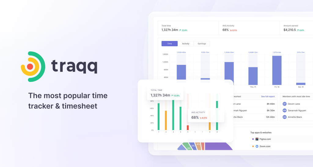Traqq time tracking software interface showcasing intuitive employee monitoring, productivity insights, and team management features for improved performance and efficient workflow.
