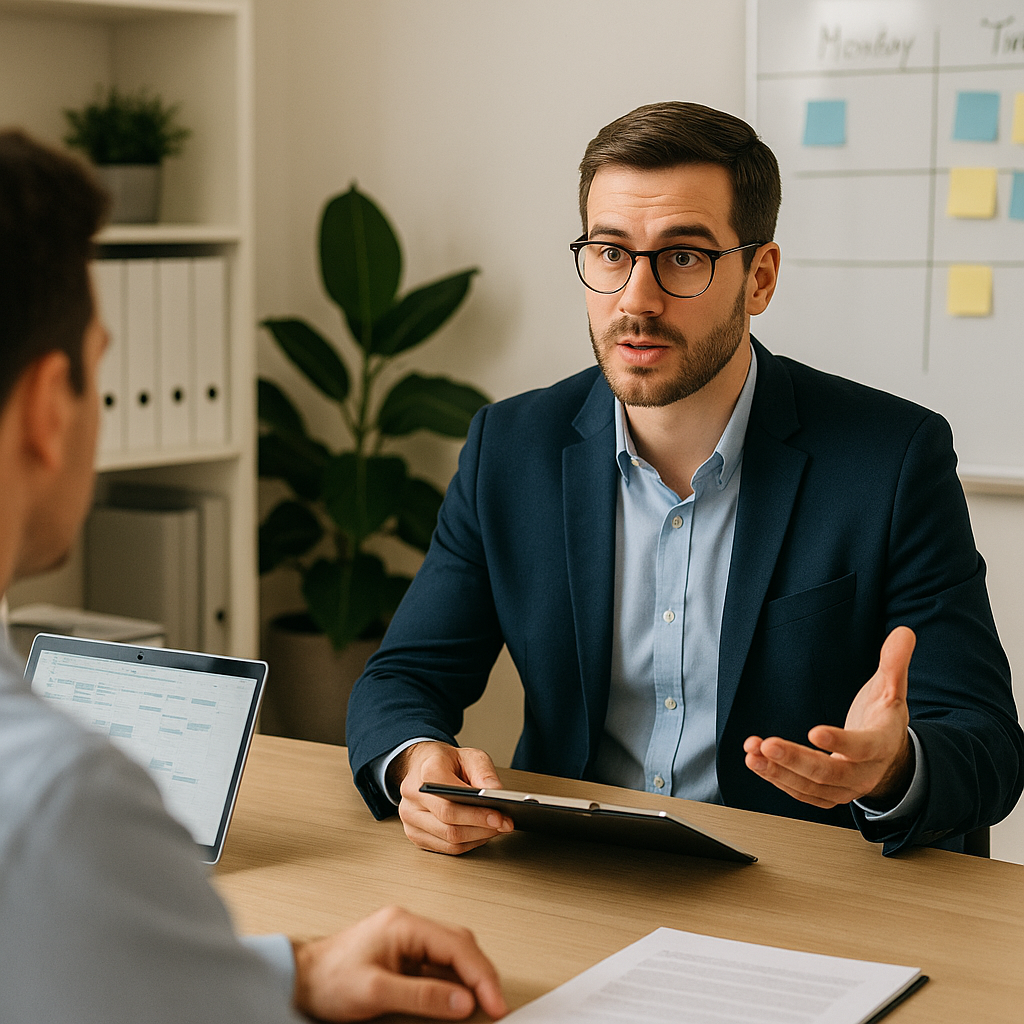 Person in a job interview setting—highlighting career goals, emotional intelligence, public speaking skills, and long-term career aspirations.