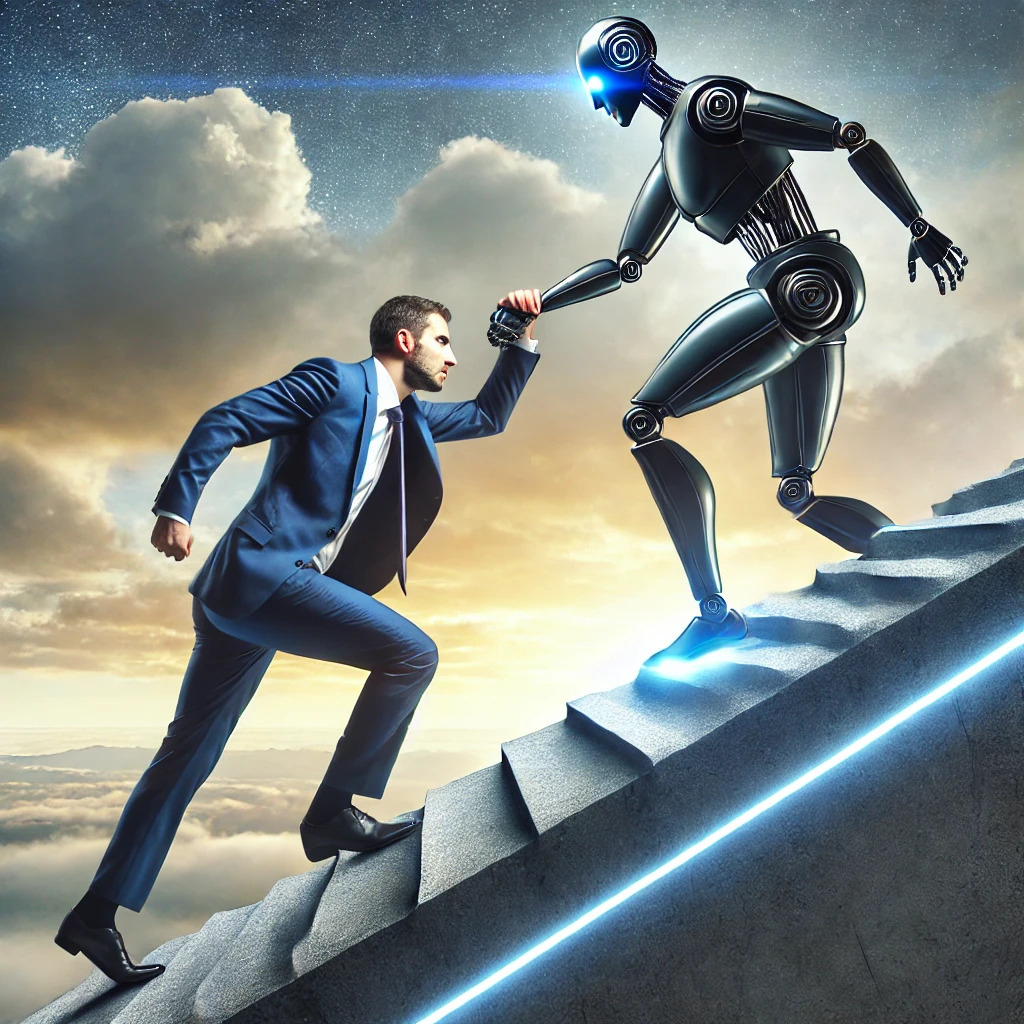 A humanoid robot that represents AI tools and AI-driven software helping a businessman achieve new heights by lending him a hand