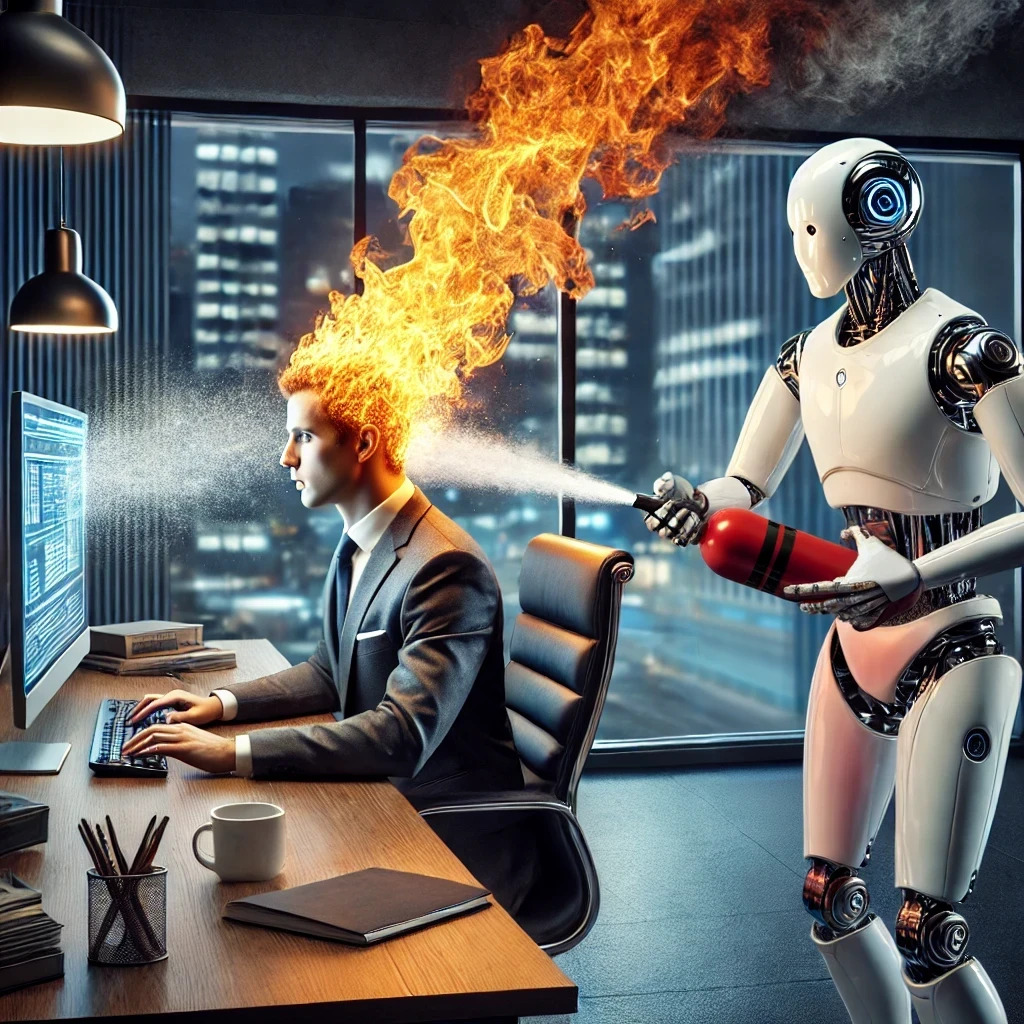 A visual representation of AI preventing workplace burnout in the form of a humanoid robot using a fire extinguisher to put out a literal fire on the head of an office worker