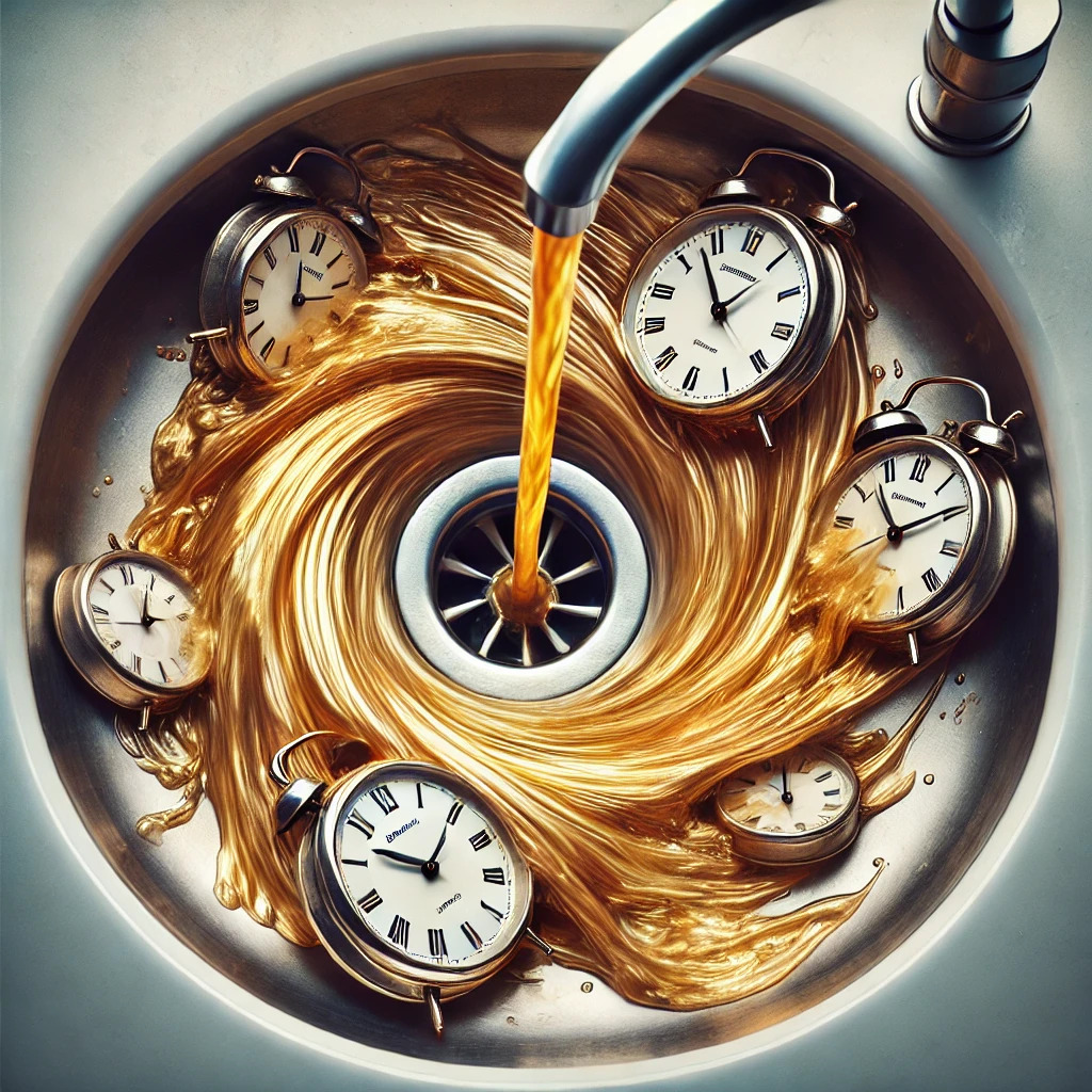 Clocks in a drain to represent time wasted by non-work activities that can be pinpointed using AI time management tools