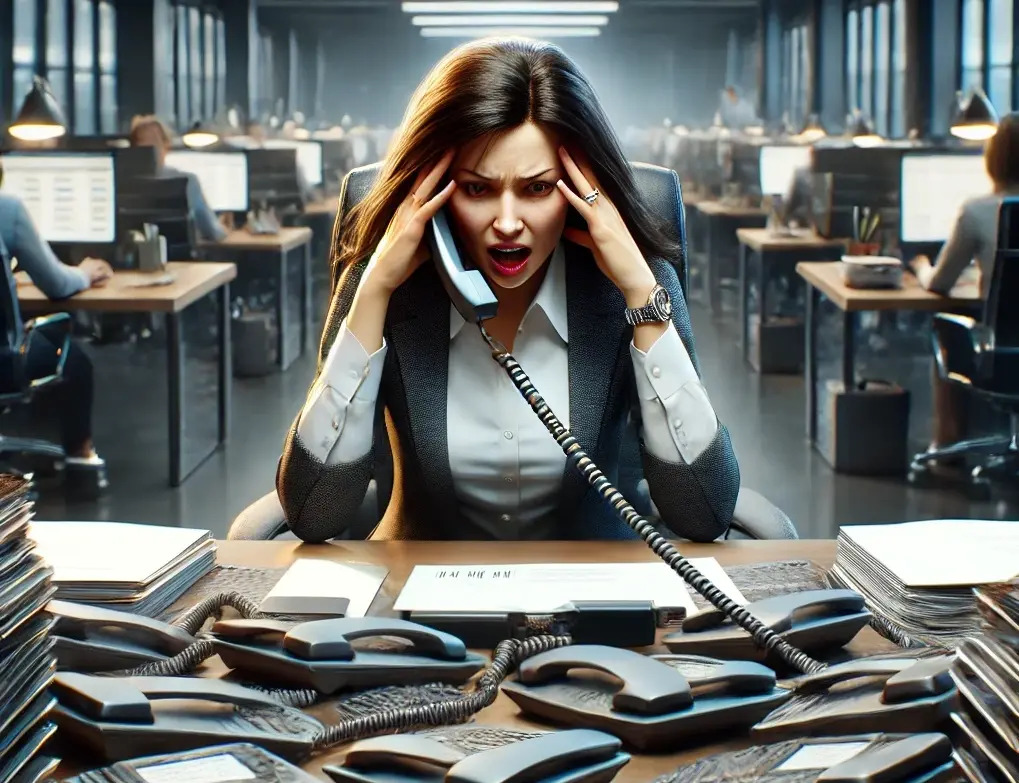 A frustrated worker that can't concentrate due to a lack of time tracking and management AI tools
