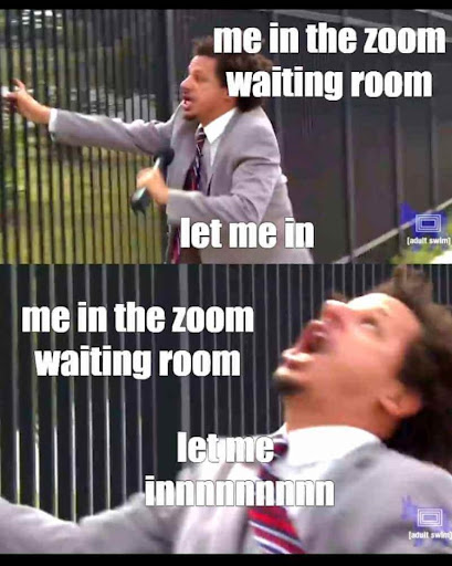 Eric Andre “Let me in” meme text “Me in the Zoom waiting room – let me innnnnnnnnnnn”, satirizing virtual meetings, zoom fatigue, remote work, and team impatience.