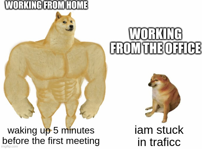Buff Doge vs Cheems meme comparing waking up 5 minutes before a meeting vs office commuters stuck in traffic, highlighting work from home memes, remote work, and stress.