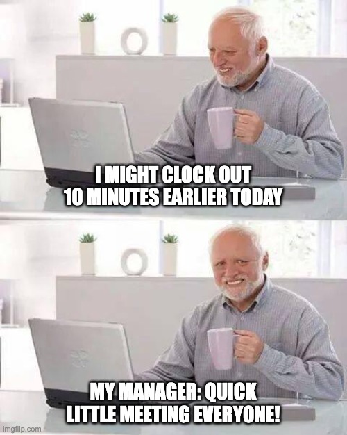 Hide the Pain Harold meme about unexpected meetings ruining work plans. Funny time management meme showing workplace interruptions.