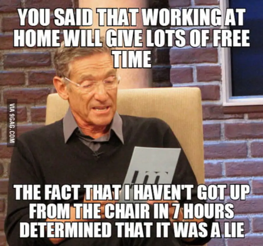 Maury Povich meme “You said that working at home will give lots of free time… it was a lie”, lampooning work from home memes, productivity struggles, and work life balance.