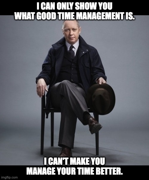 Wise man meme about the challenges of managing time. Funny meme highlighting the difficulty of improving productivity.