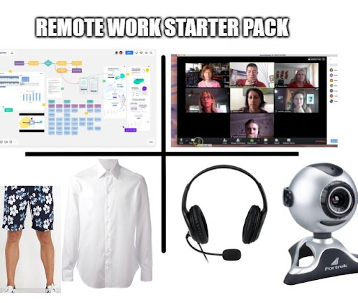 Starter pack funny work meme showing flow charts, video conference calls, dress shirt with shorts, and headset with webcam, illustrating virtual meetings, remote work memes, and productivity tools.