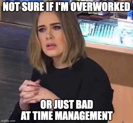 Confused woman meme about work-life balance. Humorous take on workforce productivity and overwork.