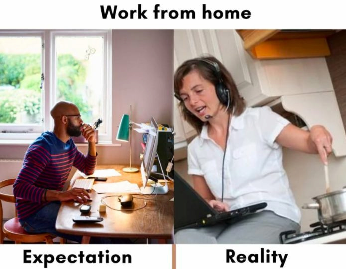 Expectation vs Reality meme: home meme showing organized workspace versus chaotic kitchen remote work setup.