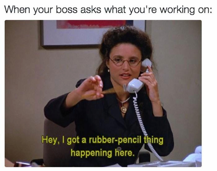 Elaine rubber pencil meme: Seinfeld home meme of Elaine playing with a pencil, symbolizing work from home improvisation.