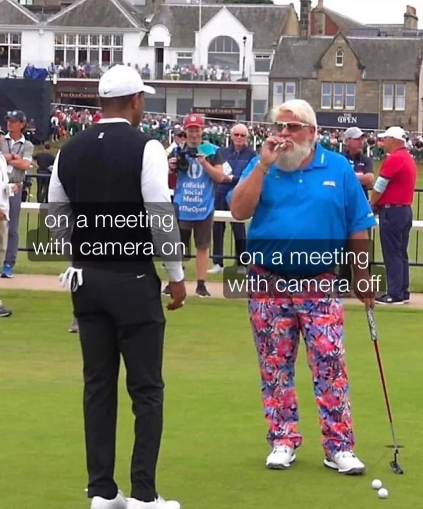 Golf Cigarette Guy meme: man in a suit on camera vs colorful colleague smoking off-camera satirizing work from home freedom and home means no tie