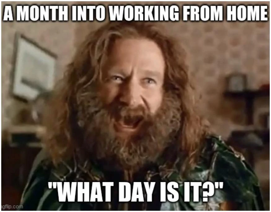Jumanji Robin Williams meme: Robin Williams yelling “What day is it?” satirizing work from home blur and lost routines, highlighting remote work challenges