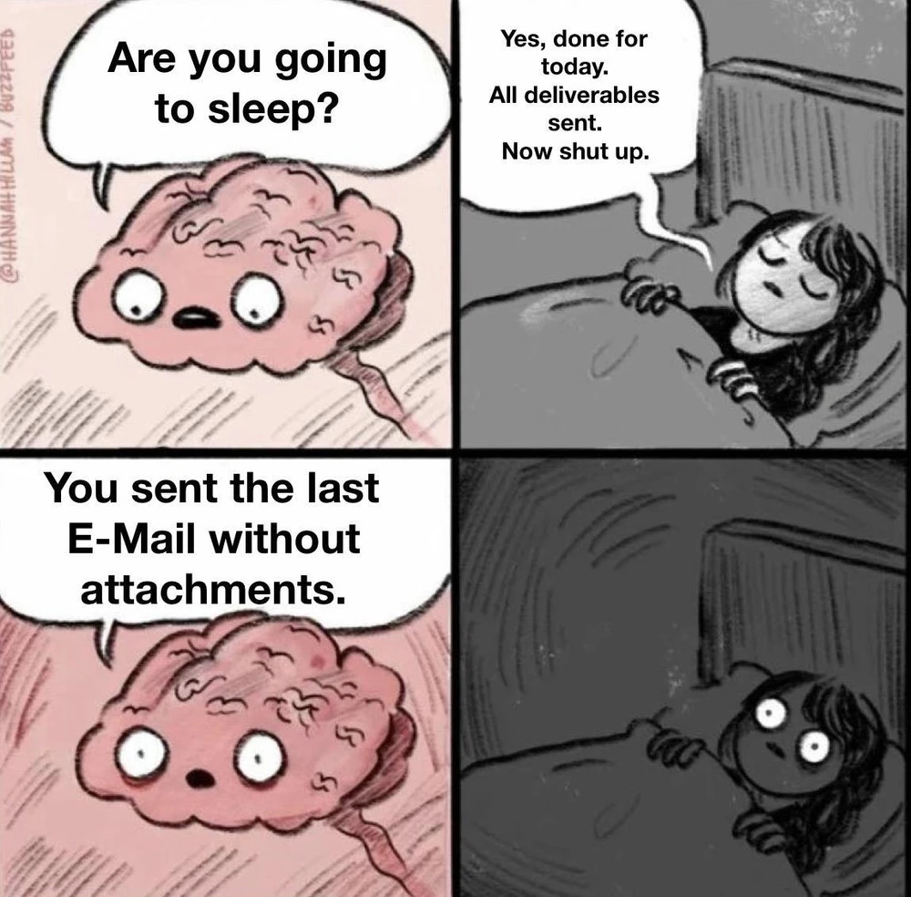 Brain Before Sleep meme: four panels of brain urging sleep then panicking over a missing email, capturing work from home stress, late-night tasks and bed woes