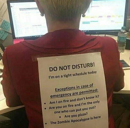 Do Not Disturb meme: woman at laptop with sign banning all but fires, zombies or pizza, mocking work from home boundaries, team interruptions and challenges