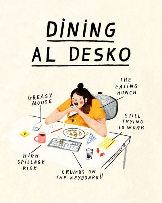 Dining Al Desko meme: girl eats at desk with labels “greasy mouse”, “crumbs on keyboard” and “still working”, satirizing work from home mess and tasks