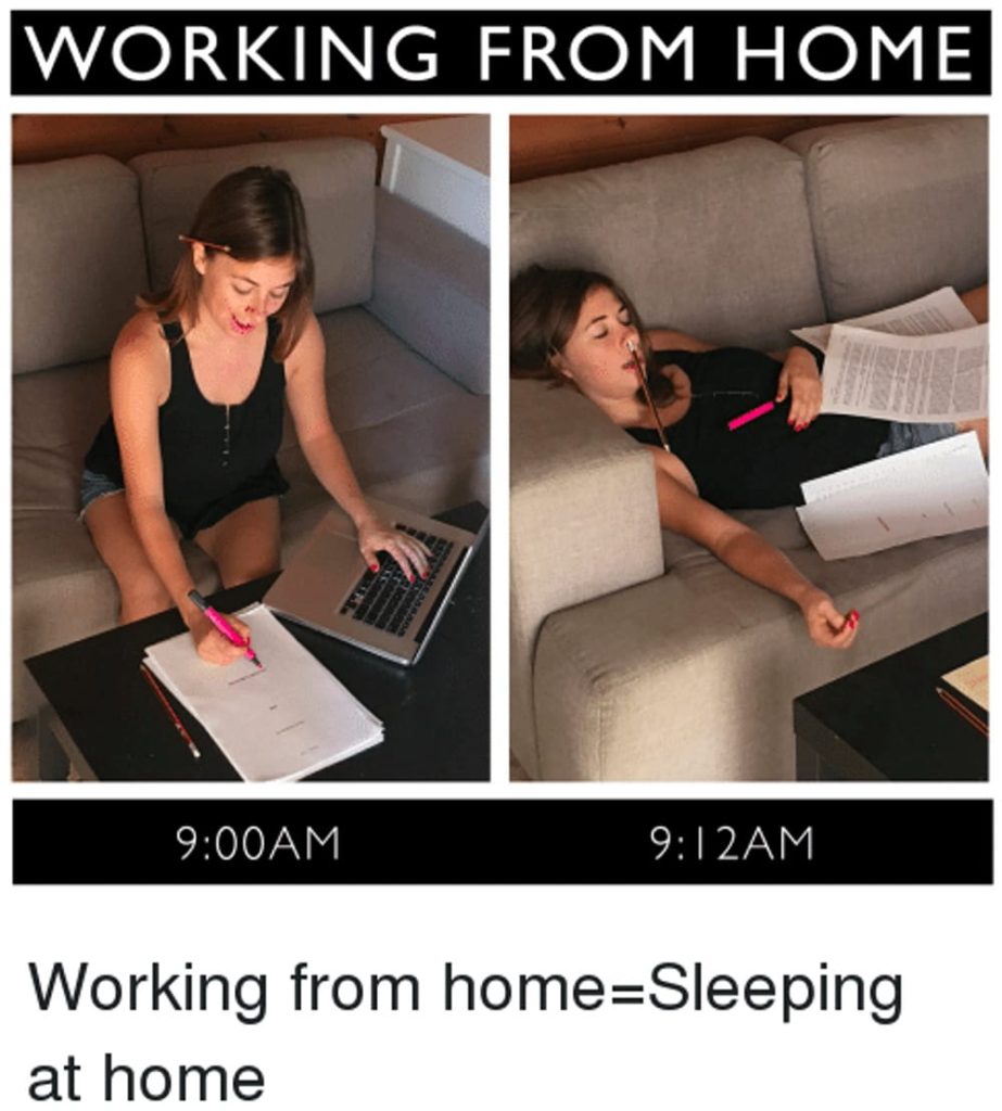 Working vs Sleeping meme: one panel shows productive girl at 9:00 AM, next shows her asleep on couch at 9:12 AM, mocking work from home reality and bed breaks