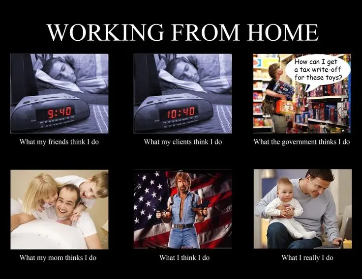What People Think I Do meme: six panels contrasting perceptions vs reality of working from home, satirizing work from home memes and misconceptions