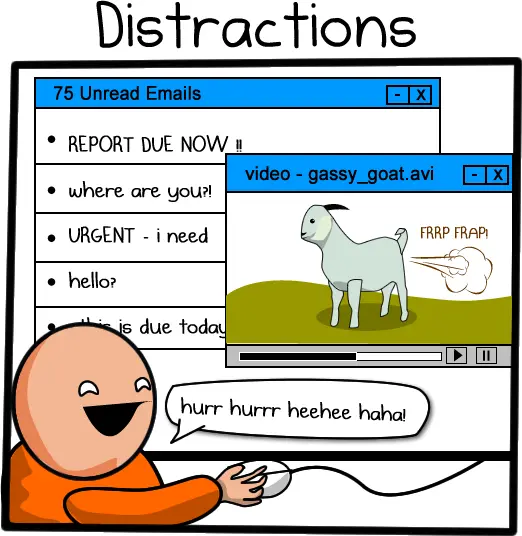 The Oatmeal cartoon meme: person looking at a gassy goat with urgent emails stacking up, poking fun at work from home distractions, inbox stress and tasks
