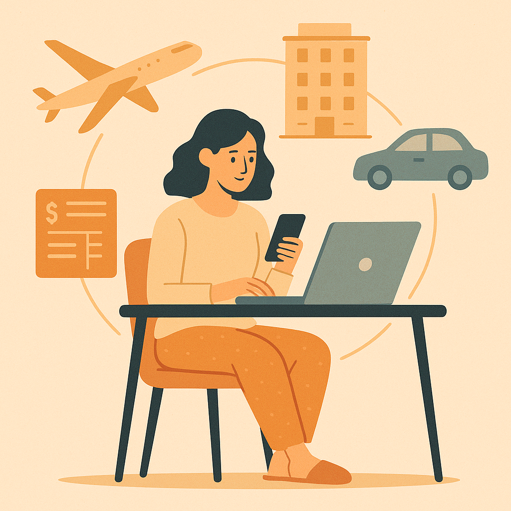 Corporate travel manager working remotely, booking flights, hotels, and car rentals—negotiating vendor contracts and managing business travel services for major companies.