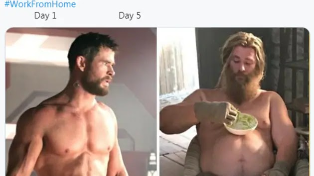 Thor jacked vs Thor fat meme “#WorkFromHome | day 1 | day 5”, humorously depicting remote work reality, work from home memes, and productivity peaks vs troughs.