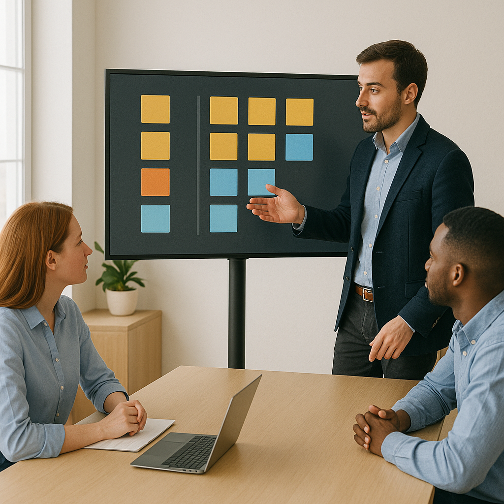 Team using Kanban board to create tasks shows workload management for effective resource management and avoiding poor project planning or decreased productivity.