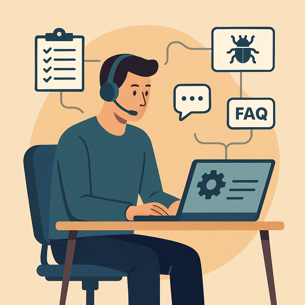 Support engineer working remotely with headset, diagnosing bugs, running test scripts, and updating knowledge bases—providing support services and solving technical issues.